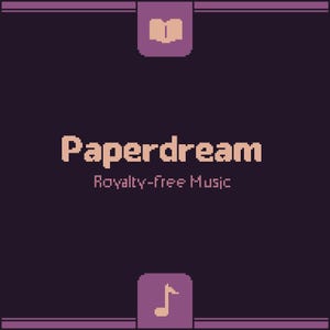 以下が含まれることがあります： 暗い紫色のグラフィックで、薄茶色のピクセルフォントで「Paperdream」という単語が書かれています。 下には、「Royalty-free Music」というテキストが小さく、同様のフォントで表示されています。 デザインには、本と音符のピクセル化されたアイコンが含まれています。