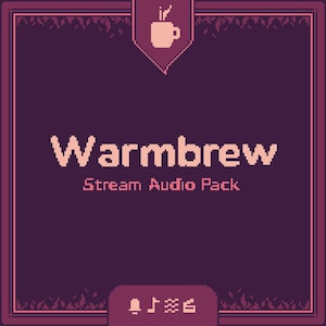 Puede incluir: Gráfico digital con fondo morado oscuro y borde decorativo. El texto "Warmbrew Stream Audio Pack" se muestra en fuente rosa claro. Un pequeño icono de taza de café en la parte superior.