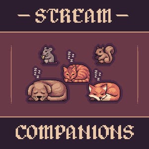Könnte beinhalten: Pixel-Art-Illustration mit schlafender Maus, Eichhörnchen, Katze, Hund und Fuchs. Die Wörter "- SCREAM -" und "COMPANIONS" sind in Pixel-Schrift dargestellt. Der Hintergrund ist dunkelbraun. Retro-Videospiel-Ästhetik.