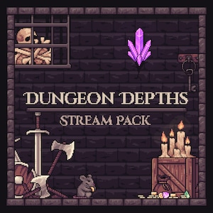 Peut inclure: Graphique en pixel art avec le texte "DUNGEON DEPTHS STREAM PACK". L'image présente une scène de donjon avec un crâne, un cristal, une épée, une hache, des bougies et une souris.