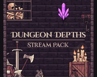 May include: Pixel art graphic titled DUNGEON DEPTHS STREAM PACK featuring a dark brick wall, a skull in a cage, a purple crystal, a key, a sword, an axe, a mouse, candles on a wooden crate, and gold coins.