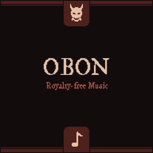 Puede incluir: Gráfico marrón oscuro con la palabra "OBON" en una fuente pixelada. Debajo, se muestra el texto "Royalty-free Music". La imagen incluye una cabeza de demonio pixelada y una nota musical.