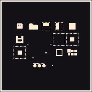 May include: A pixelated graphic on a black background features various computer icons in off-white. Icons include a folder, a floppy disk, a square, and a series of smaller squares, all with a retro aesthetic.