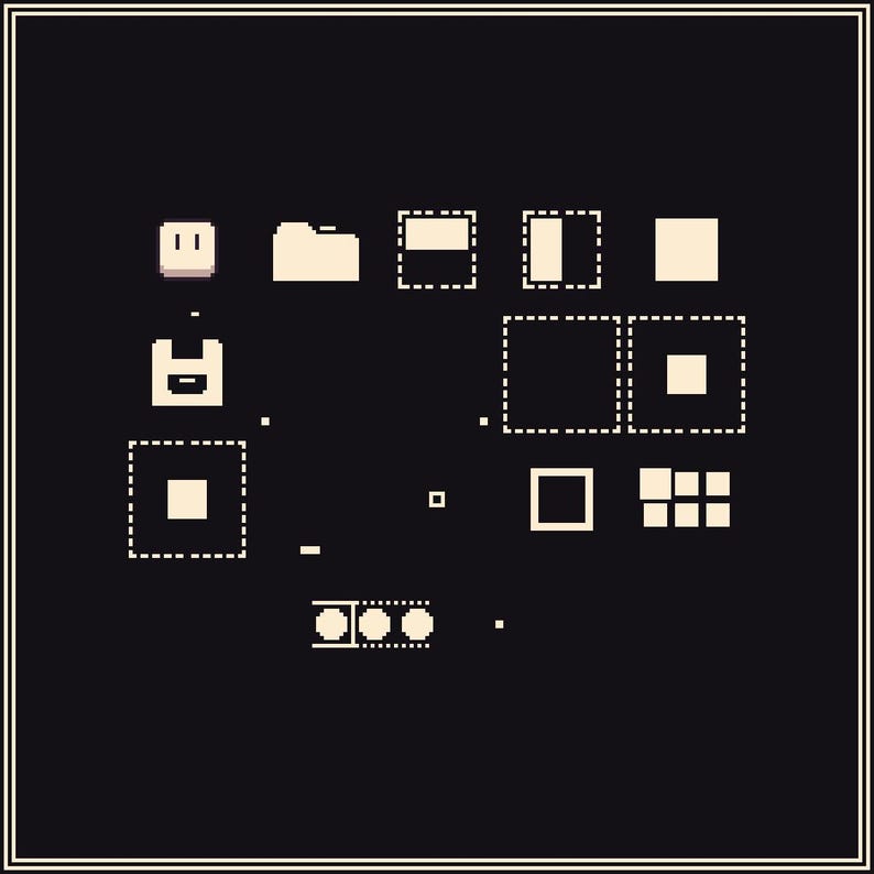 May include: A pixelated graphic on a black background features various computer icons in off-white. Icons include a folder, a floppy disk, a square, and a series of smaller squares, all with a retro aesthetic.