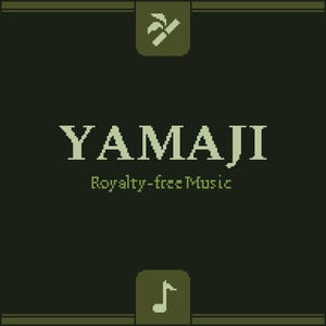 Puede incluir: Gráfico cuadrado verde oscuro con la palabra "YAMAJI" en una fuente pixelada. Debajo de la palabra está el texto "Royalty-free Music". El gráfico tiene una nota musical pixelada y una planta pixelada.