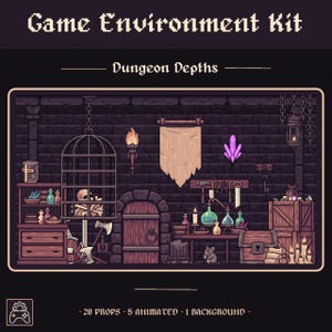 Könnte beinhalten: Ein Pixel-Art-Spielumgebungs-Kit mit dem Titel Game Environment Kit Dungeon Depths. Das Bild zeigt ein dunkles Dungeon-Interieur aus Stein mit einem Käfig, der einen Schädel enthält, einer Holztür, einer Werkbank mit Tränken, Werkzeugen und einem Kristall.