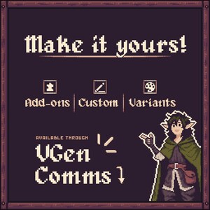 May include: A pixelated graphic with the text "Make it yours!" and options for add-ons, custom work, and variants. A character illustration is on the right. The text "Available through UGen Comms" is also present.