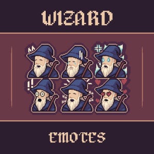 May include: Pixel art graphic featuring a wizard with a long white beard and blue hat, in various emotive expressions. The word "WIZARD" is at the top, and "EMOTES" at the bottom, both in pixelated font.