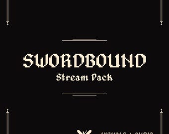 May include: A black digital graphic featuring the pixelated text SWORDBOUND Stream Pack and VISUALS + AUDIO. The design includes a border with sword icons in each corner and a crossed sword emblem at the bottom center in a light beige color.