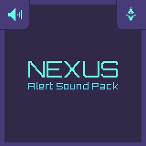 Może przedstawiać: Ciemnofioletowa kwadratowa grafika z jasnoniebieskim, pikselowym napisem NEXUS Alert Sound Pack. W lewym górnym rogu znajduje się jasnoniebieska ikona głośnika, a w prawym górnym rogu jasnoniebieski symbol geometryczny przypominający strzałkę.