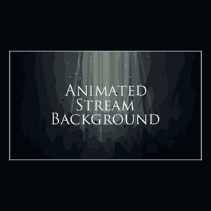 May include: An animated stream background design. The image shows a dark, stylized forest scene with vertical light beams and the text "ANIMATED STREAM BACKGROUND" in white. The color scheme is dark with shades of grey and black.