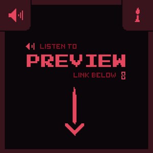 Puede incluir: Gr&aacute;fico digital con fondo negro y acentos rojos. La palabra "PREVIEW" se muestra de forma destacada, con "LISTEN TO" arriba y "LINK BELOW" debajo. Una flecha apunta hacia abajo. Iconos de sonido e informaci&oacute;n en las esquinas.