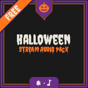 May include: A pixelated Halloween-themed graphic with a black background. The text "HALLOWEEN STREAM AUDIO PACK" is displayed in white and orange. An orange banner with "FREE" is in the upper left corner. A purple frame and pumpkin icon are also present.