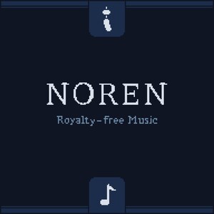 Puede incluir: Gráfico azul oscuro con la palabra "NOREN" en blanco y el texto "Royalty-free Music" debajo. La imagen incluye una nota musical pixelada y un signo de exclamación.