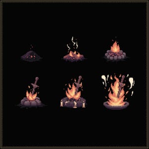 May include: Pixel art illustration of six different stages of a campfire. The campfires are in various stages of burning, with flames in shades of orange and yellow. Some campfires have a sword in them.