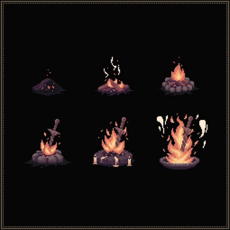 May include: Pixel art illustration of six different stages of a campfire. The campfires are in various stages of burning, with flames in shades of orange and yellow. Some campfires have a sword in them.