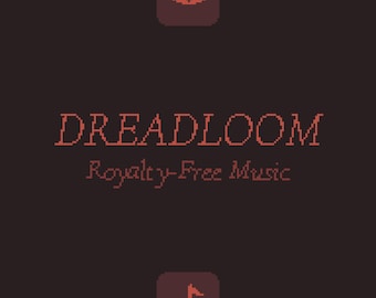 Puede incluir: Un gráfico de pixel art de color marrón oscuro que presenta el texto DREADLOOM en una fuente estilizada, seguido del texto Royalty-Free Music. En la parte superior hay un icono de ojo y en la inferior un icono de nota musical, centrados.