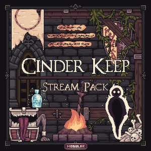 May include: A pixel art digital graphic titled Cinder Keep Stream Pack featuring a dark stone wall background, a glowing blue potion, a campfire with a sword, a mimic chest with a tongue, a ghost-like figure, and a pile of skulls.