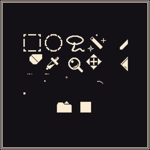May include: A collection of pixelated icons in cream against a black background. The icons include a square, circle, speech bubble, pencil, and magnifying glass. The image has a decorative cream border.