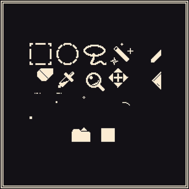 May include: A collection of pixelated icons in cream against a black background. The icons include a square, circle, speech bubble, pencil, and magnifying glass. The image has a decorative cream border.