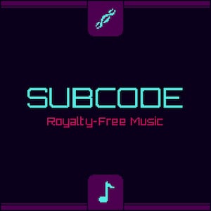 Puede incluir: Gráfico digital con la palabra "SUBCODE" en fuente pixelada turquesa, con "Royalty-Free Music" en rojo debajo. El fondo es morado oscuro con iconos pixelados turquesa y una línea horizontal morada.