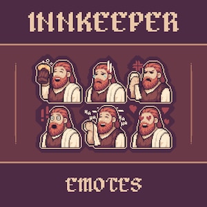 Pode incluir: Gráfico de pixel art com a palavra "INNKEEPER" acima de uma série de seis emoticons. Os emoticons retratam um homem barbudo ruivo com várias expressões, incluindo segurando uma cerveja, chorando e mostrando raiva. A palavra "EMOTES" está na parte inferior.
