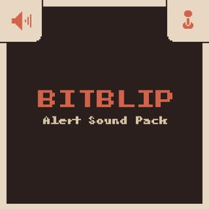 以下が含まれることがあります： レトロなスタイルのビデオゲーム画面で、暗い茶色の背景に赤いピクセル文字で「BITBLIP Alert Sound Pack」というテキストが表示されています。
