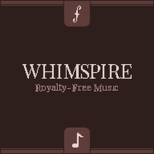 May include: A dark brown graphic with the word "WHIMSPIRE" in white pixelated font. Below, the text "Royalty-Free Music" is in a smaller, pixelated font. The image includes musical note and "f" symbols.