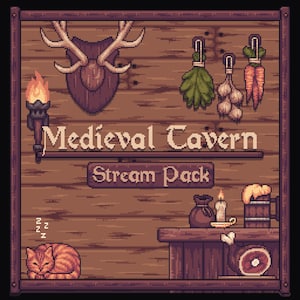 May include: Pixel art image of a medieval tavern. The sign reads "Medieval Tavern Stream Pack." The scene includes a deer head, hanging herbs, garlic, carrots, a cat, a torch, and a mug of beer, all in a rustic style.