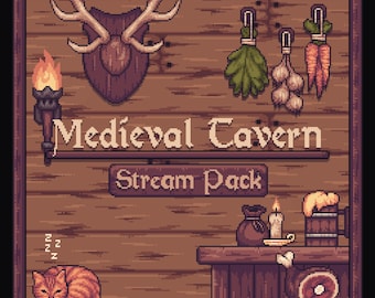 May include: Pixel art illustration of a medieval tavern scene. The wooden sign reads "Medieval Tavern Stream Pack." Features include a deer head, hanging herbs, garlic, carrots, a cat, a torch, and a mug of beer.