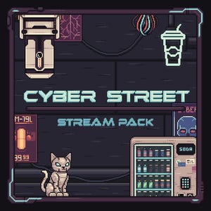 Può includere: Grafica pixel art con la scritta "CYBER STREET STREAM PACK". L'immagine presenta un'estetica futuristica con un gatto, un distributore automatico e un bicchiere. La tavolozza dei colori include sfumature di viola, grigio e verde acqua.