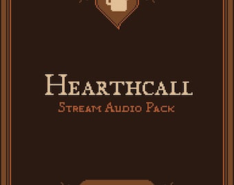 Puede incluir: Gráfico pixelado para un paquete de audio de transmisión. El diseño presenta el texto "HEARTHCALL" encima de "STREAM AUDIO PACK" en una fuente serif. La combinación de colores es marrón y beige, con un borde decorativo y un icono de jarra de cerveza.