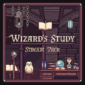 May include: Pixel art illustration of a wizard's study, with a desk holding books, a crystal ball, and an hourglass. An owl, staff, and the text "Wizard's Study Stream Pack" are also present.
