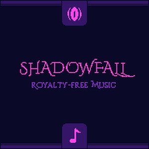 May include: A pixelated graphic on a dark blue background. The text "SHADOWFALL" is in pink, with "ROYALTY-FREE MUSIC" below it in purple. A musical note icon is at the bottom, and a number icon is at the top.