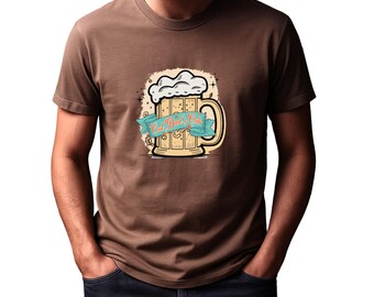 May include: A brown t-shirt featuring a graphic of a beer mug with foam on top and a blue ribbon that says "Cool Dad's Club".
