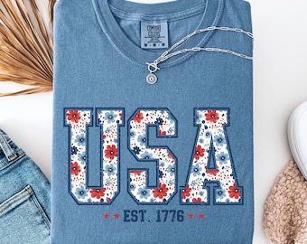 Comfort Colors® Floral USA Shirt, American Girl Shirt, USA Est 1776 Shirt, Girly 4th of July Shirt, Patriotic Women Shirt, Flower USA Shirt
