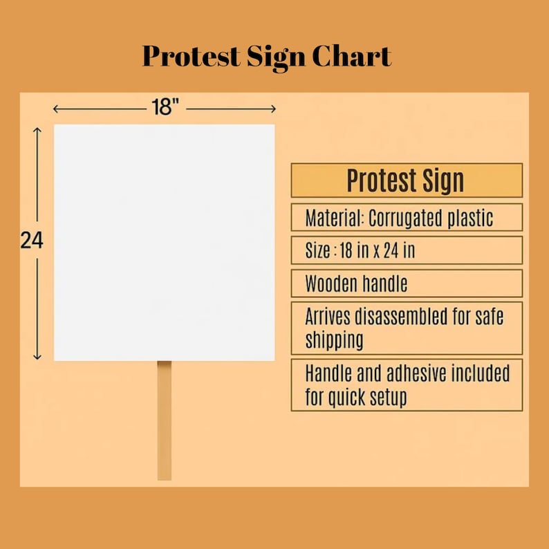 May include: A white protest sign with a wooden handle. The sign is made of corrugated plastic and measures 18 x 24 inches. The text "Protest Sign" is displayed, along with details about the material and handle.