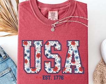 Comfort Colors® Floral USA Shirt, American Girl Shirt, USA Est 1776 Shirt, Girly 4th of July Shirt, Patriotic Women Shirt, Flower USA Shirt