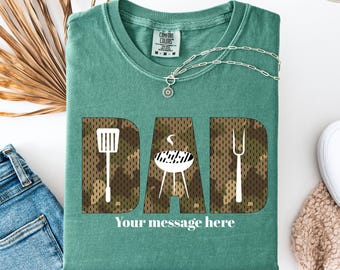 Comfort Colors® Camo Dad Shirt with Grill, Father’s Day Gift, Handy Dad Tee, Custom Message T-Shirt for Him, Gift for Dad, Gift for Him