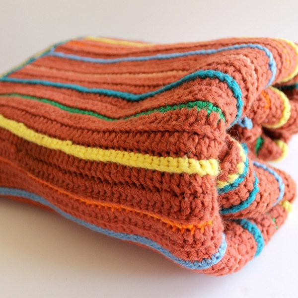 Vintage Crochet Blanket. Rusty Orange Autumn Stripe