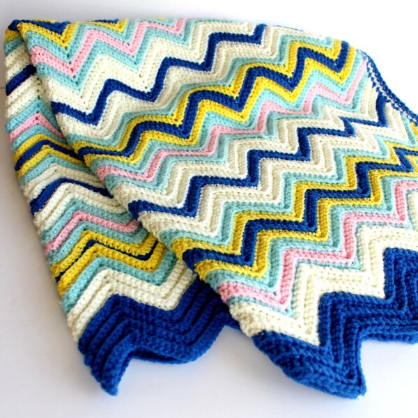 Vintage Crochet Blanket. Chevron Stripe in Blue White Yellow and Pink
