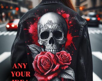 May include: Black denim jacket with a large skull and rose design on the back. The skull is silver with intricate details, set against a red splatter background. Two red roses are below the skull. The text "ANY YOUR IDEA" is at the bottom.