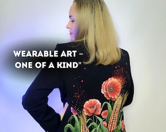 Hand-Painted Floral Jacket: Red Poppies & Corn - Unique Fall Fashion