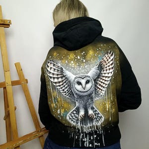 Handgemalter Eulen Hoodie: Baumwolle Unisex Tragbare Kunst
