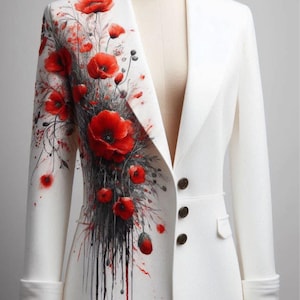 Pode incluir: Um blazer branco com um design floral marcante com papoilas vermelhas vibrantes e detalhes em cinza escuro. O casaco tem um corte clássico sob medida com três botões castanhos e lapelas entalhadas. As mangas são dobradas.