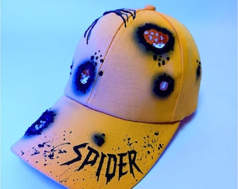 Gothic Spider Cap – Yellow Hand-Painted Baseball Hat with 3D Embroidery, Halloween Punk Spiderweb Accessory