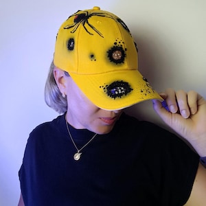 Hand-Painted & Embroidered Spider Cap – Unique Yellow Hat with 3D Web Art, Gothic Streetwear Style
