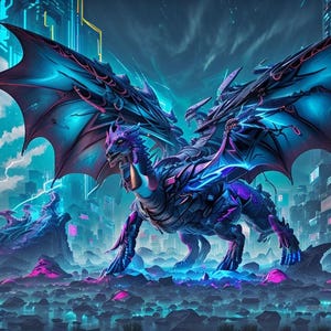 Puede incluir: Un dragón azul y morado con detalles de neón brillantes se encuentra en un entorno de ciudad futurista. El dragón tiene alas grandes y una expresión feroz.