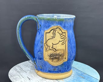 Prancing Pony inspired mug, 16 ounces, flux over blue glaze