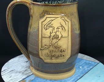 Green Dragon inspired mug, 16 ounces, rust over iron glaze